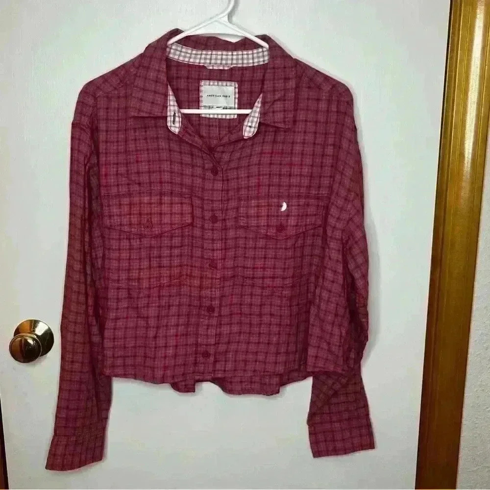 American Eagle Cropped Long Sleeve Flannel Shirt Women Medium‎ Pink Casual NWT
